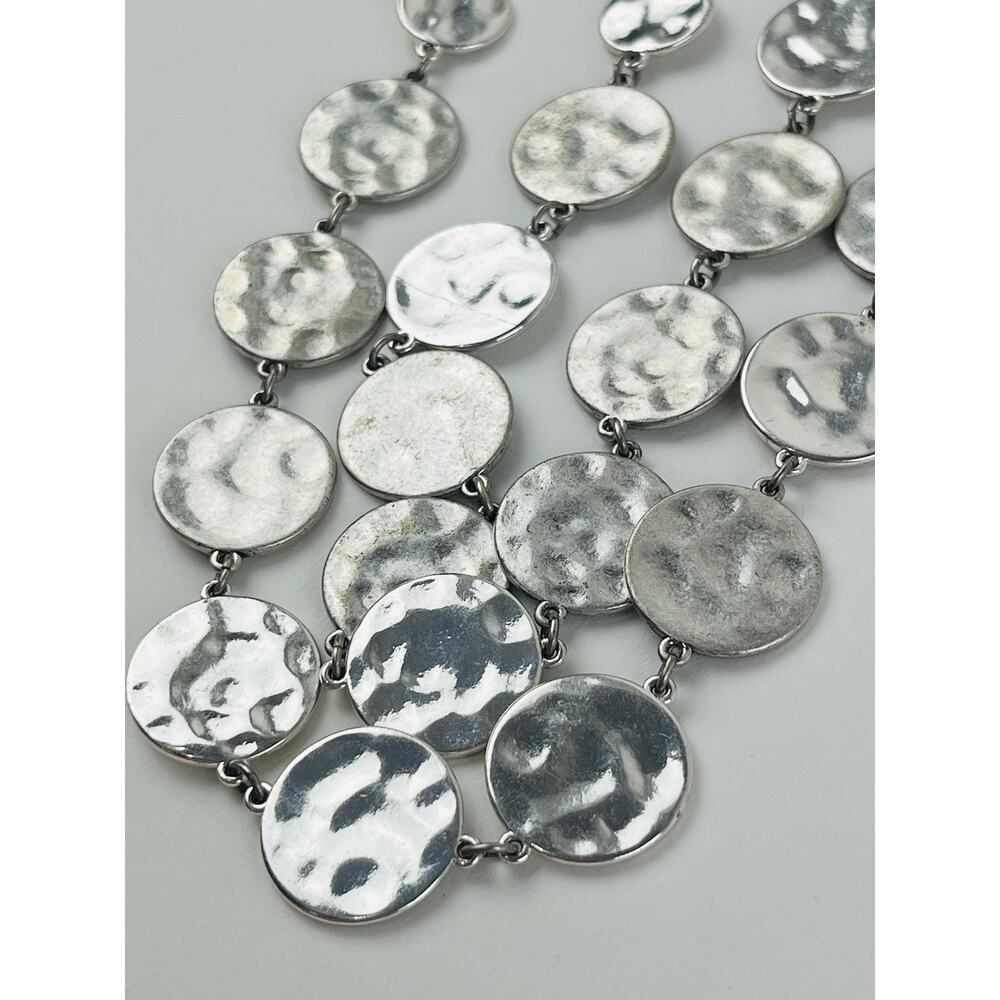 Chicos Silver Coin Disc Necklace Modernist Hammered Long Flapper Heavy Art Deco